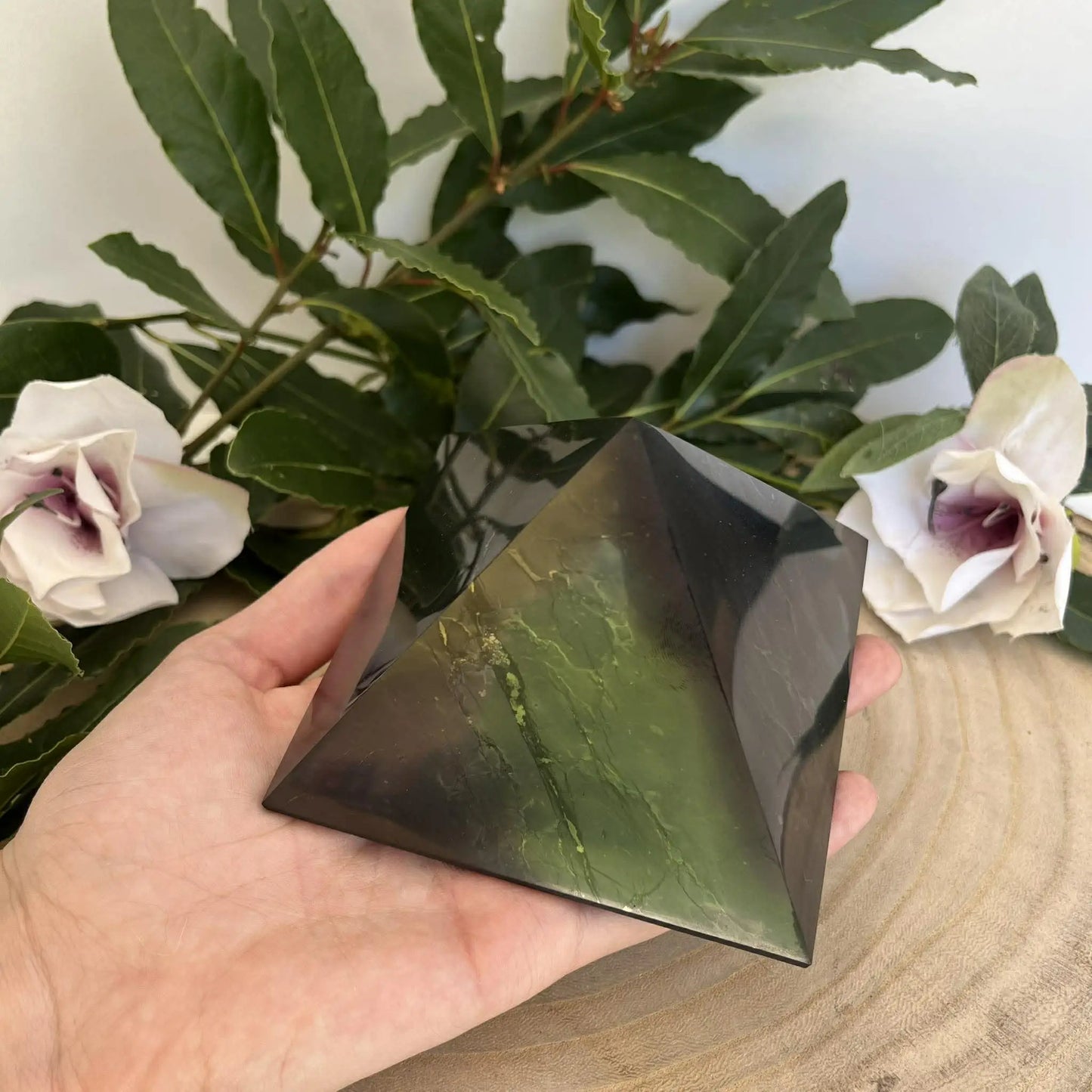Pyramide de shungite protection en pierre polie verte foncée et noire contre les ondes nocives avec coquille st jacques