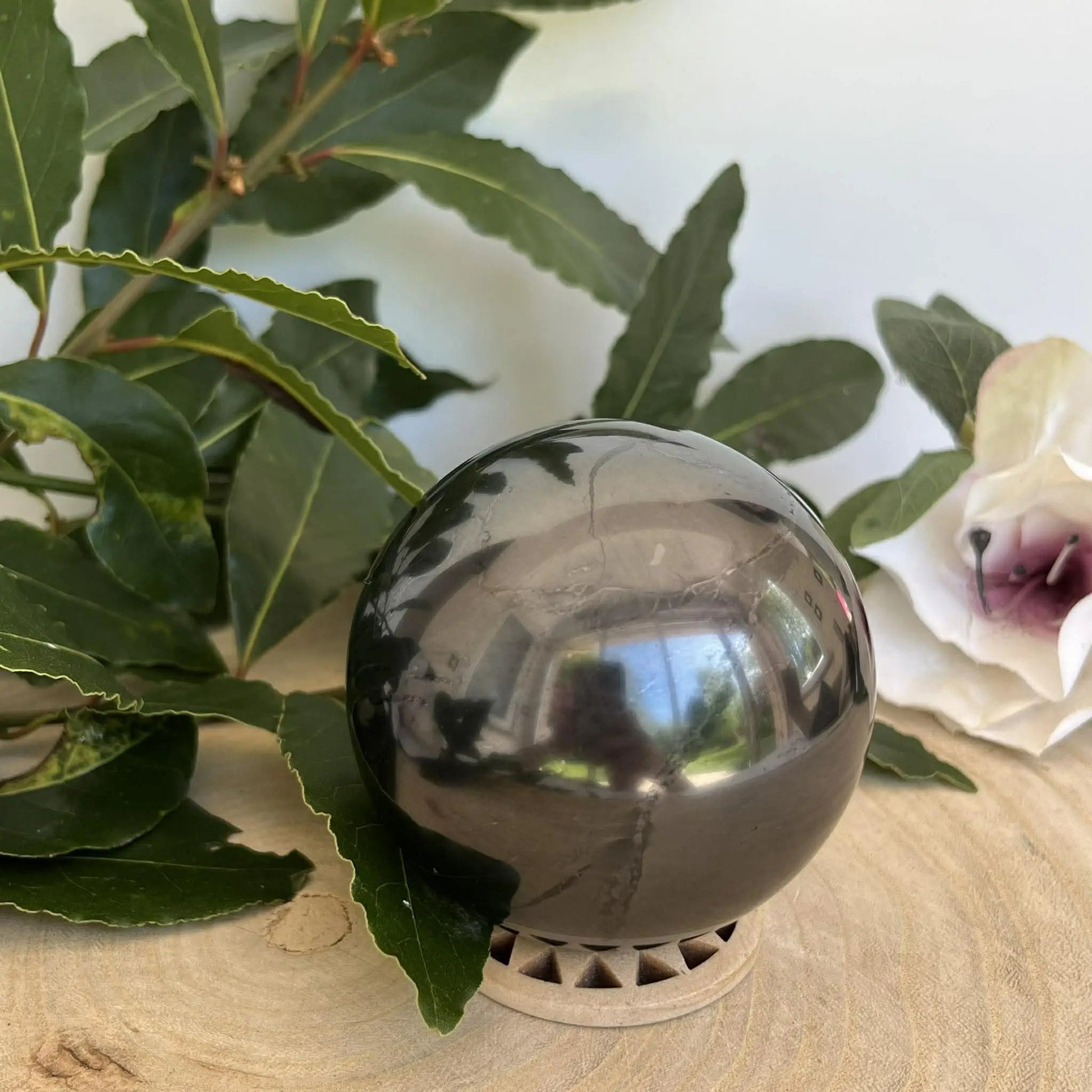 Sphère en shungite naturelle gris foncé polie avec surface réfléchissante sur un petit support en bois pour ancrage naturel